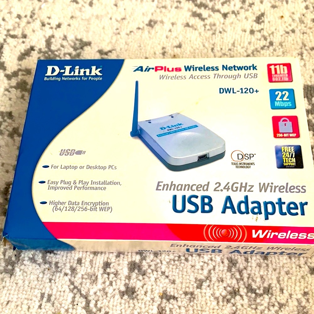 D-Link Air Plus wireless network USB Adapter, enhanced 2.4GHz DWL-120+, new